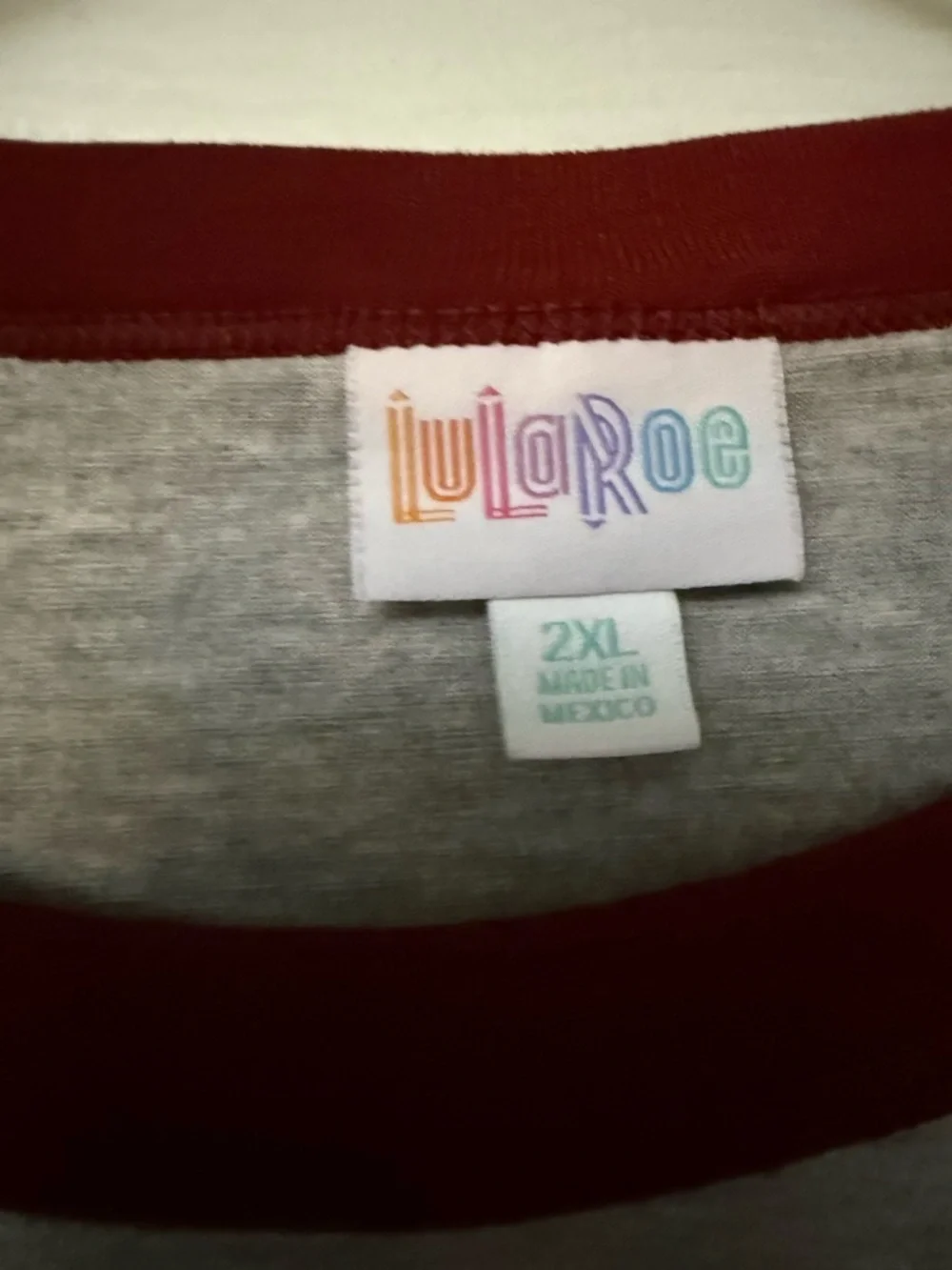 LuLaRoe Gray Tee with Burgundy Trim & Graphic